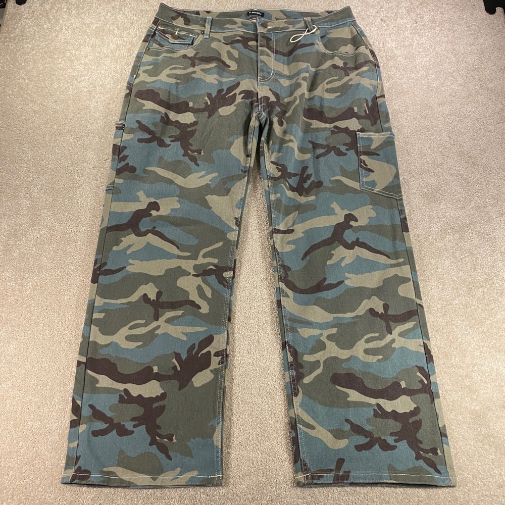 Flamingals Cargo Pants Mens 3XL Green Blue Camo Straight Leg Utility Workwear